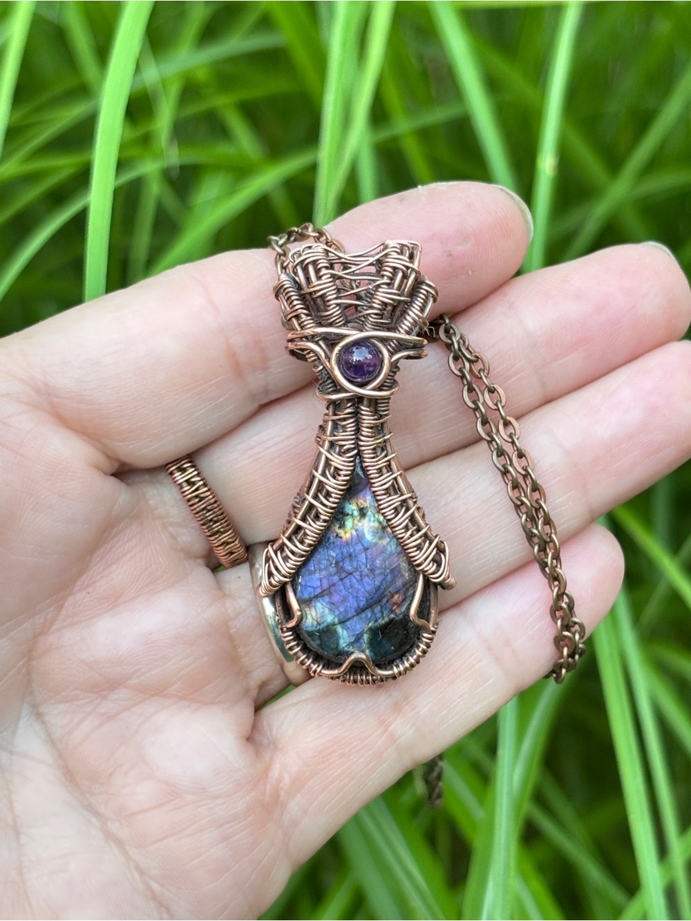 HANDMADE Labradorite and Amethyst Wire Wrapped Copper Statement Pendant Necklace